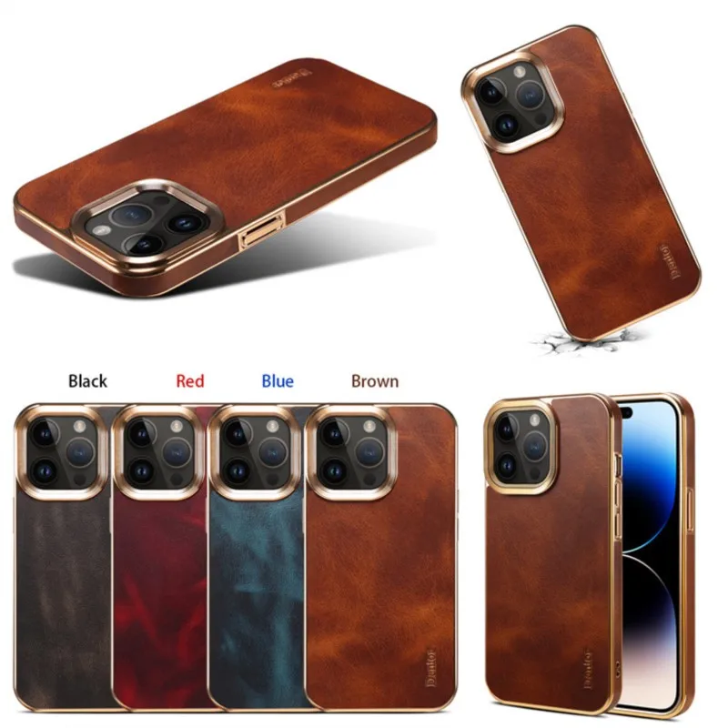 

High end Oil Wax Genuine Cowhide Electroplating Anti Drop Protective Cover Case For iphone 15 14 13 12 Pro Max Plus New Products