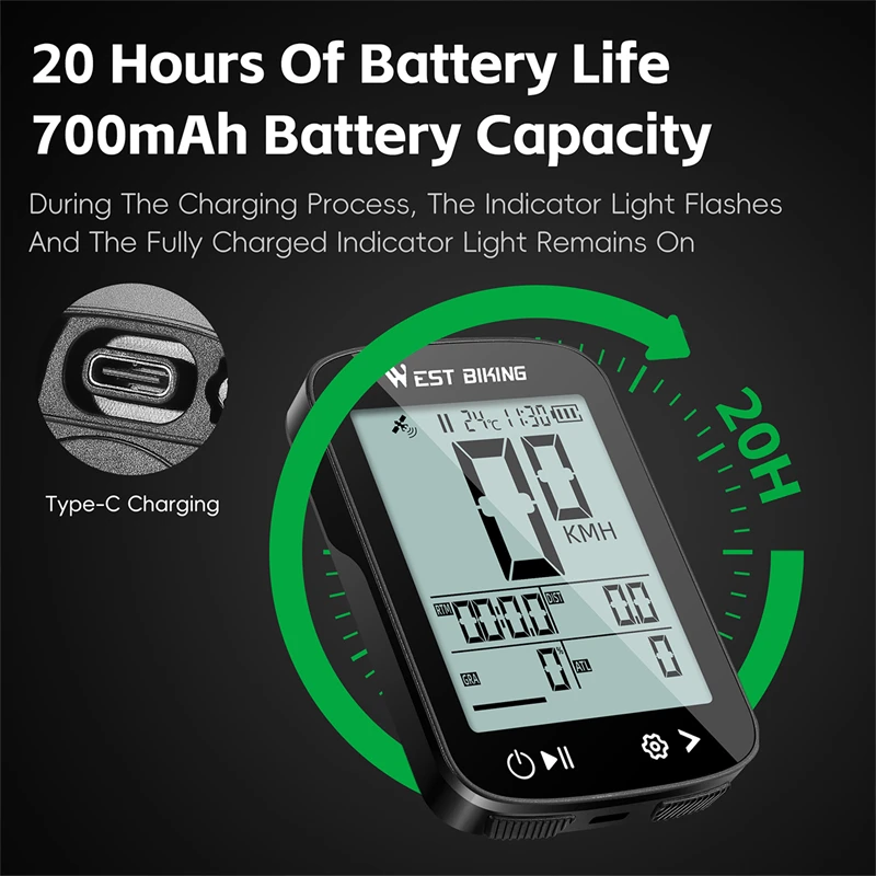 Bike GPS Computer WEST BIKING GPS Bicycle Computer IPX7 Waterproof Wireless Speedometer Road MTB Auto Digital Stopwatch Type-C Cycling Odometer