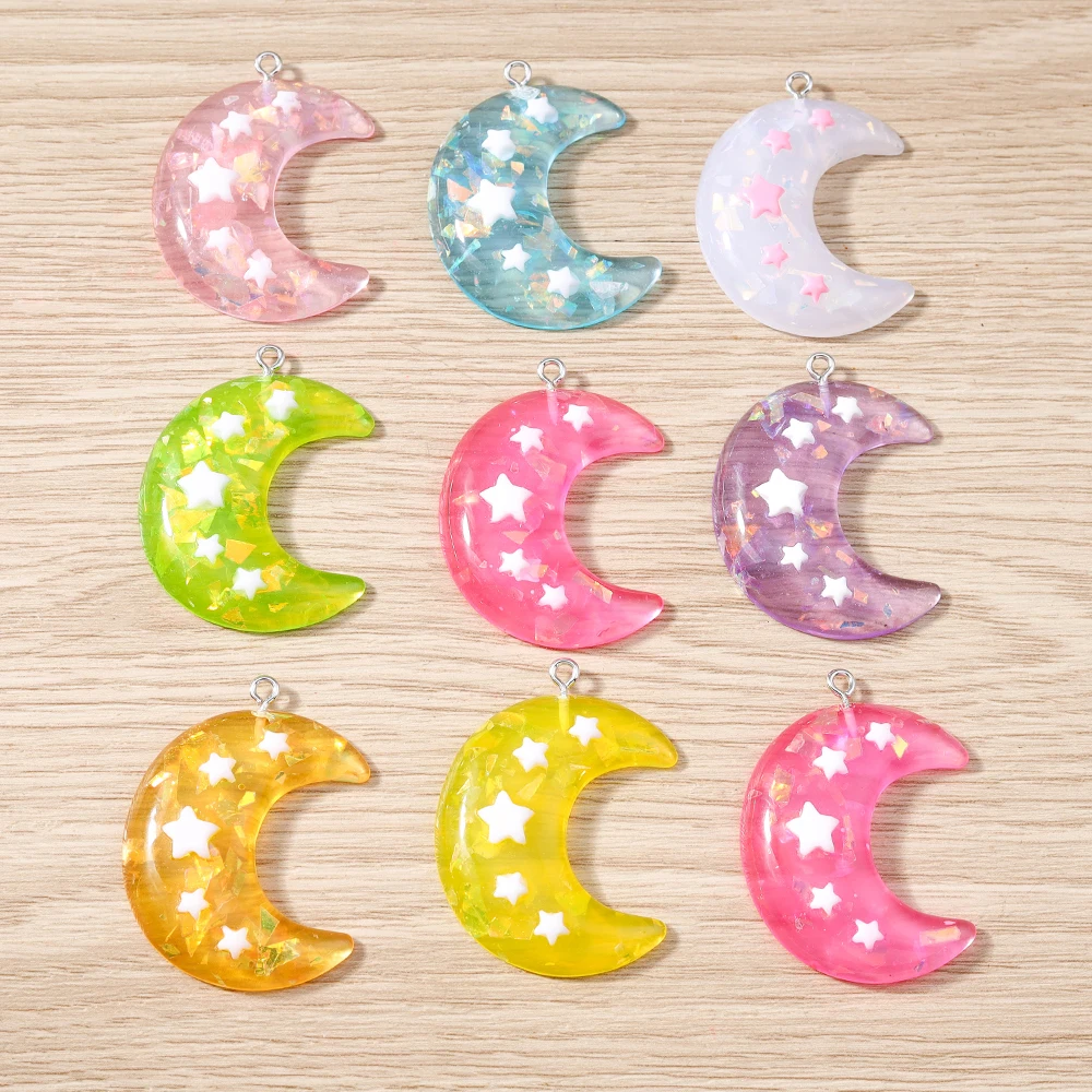 Tusember 10개입 29*40mm 귀여운 레진 컬러풀 별 달 참 키체인 팔찌 펜던트 목걸이 주얼리 제작 DIY