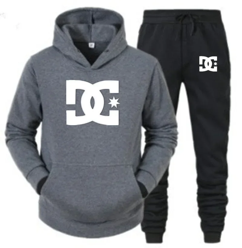 DC printed men's new autumn/winter sweater stand up collar hooded sweater jacket and casual pants two-piece set