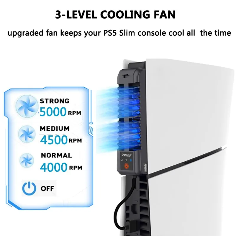 Cooling Fan with 3 Speed Cooler for PS5 Slim Disc & Digital Edition Console with LED Light USB 2.0 Hub for PS5 Slim Accessories