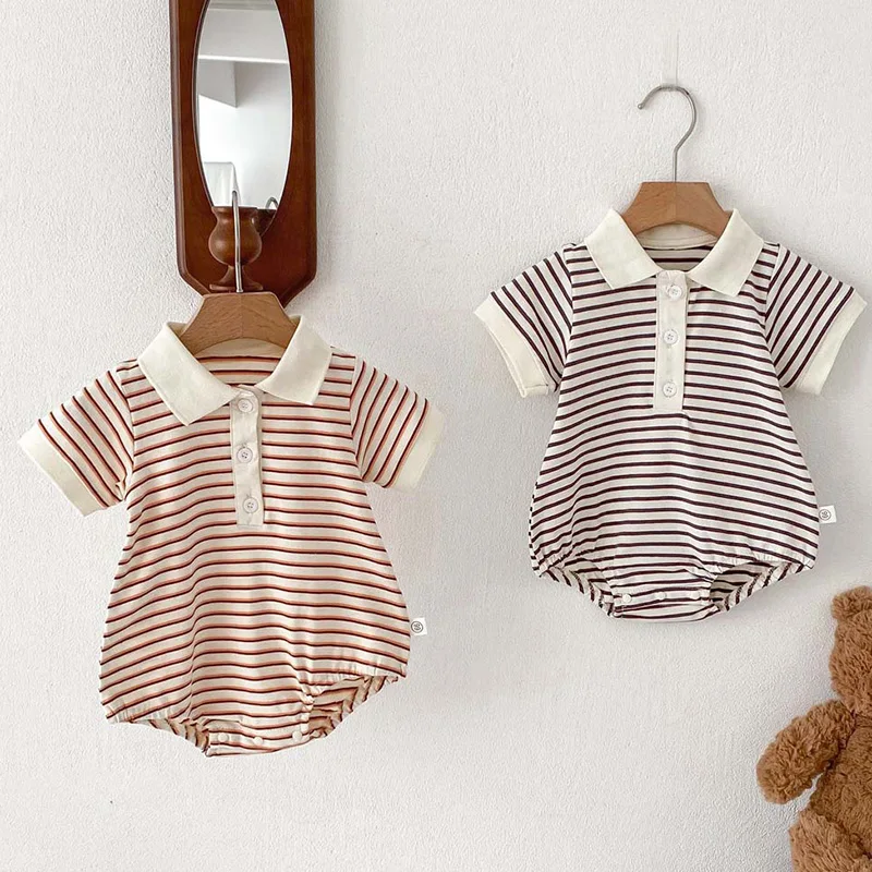 

2024 New Summer Newborn Baby Boys Romper Short Sleeved Cotton Stripes Toddler Baby Boys Jumpsuit 0-24M Children Clothes