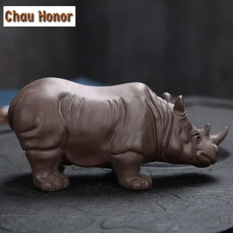 Exquisite Purple Clay Rhinoceros Ceramic Animal Figurines Zisha Tea Pet Crafts Household Office Tea Accessories Car Decoration