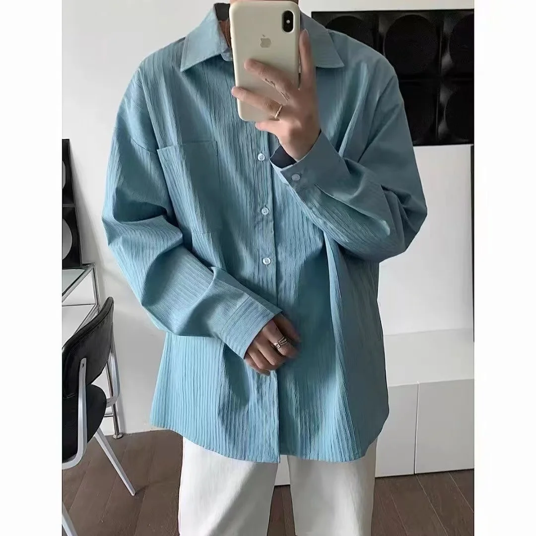 

2023 Men's Fashion Trend Loose Striped Printing Shirt Long Sleeved Casual Blue/Black Color Cotton Clothes Lapel Collar Shirt