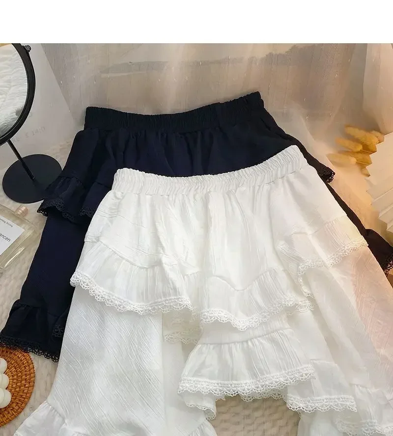 Lace High Waist Irregular Cake Skirts for Women A-line Sweet Girls All-match Korean Fashion Spring Summer Black White