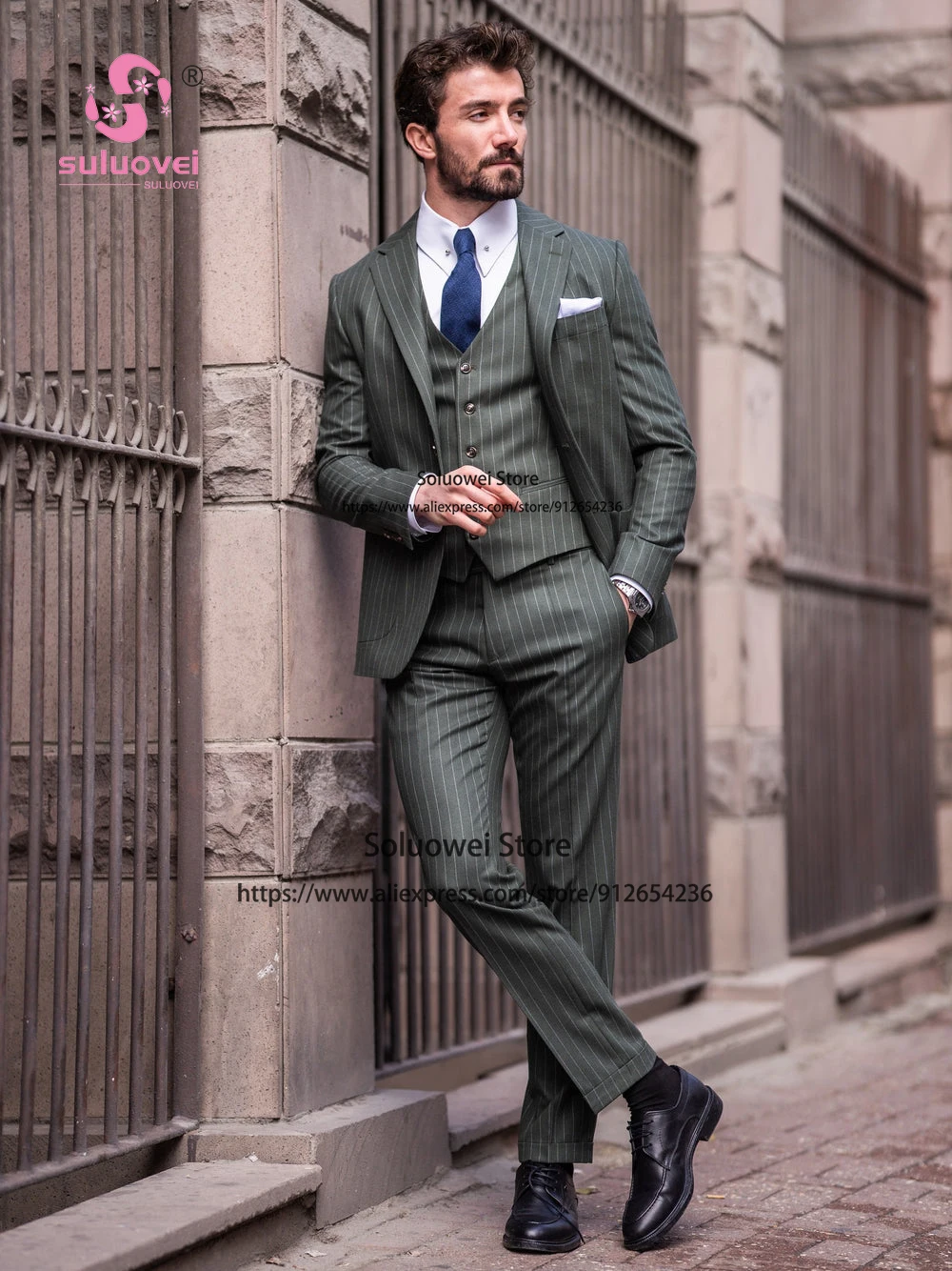 Fashion Green Striped Suits For Men Slim Fit Bsuiness 3 Piece Pants Set Groom Wedding Party Prom Tuxedo Terno Masculino Completo