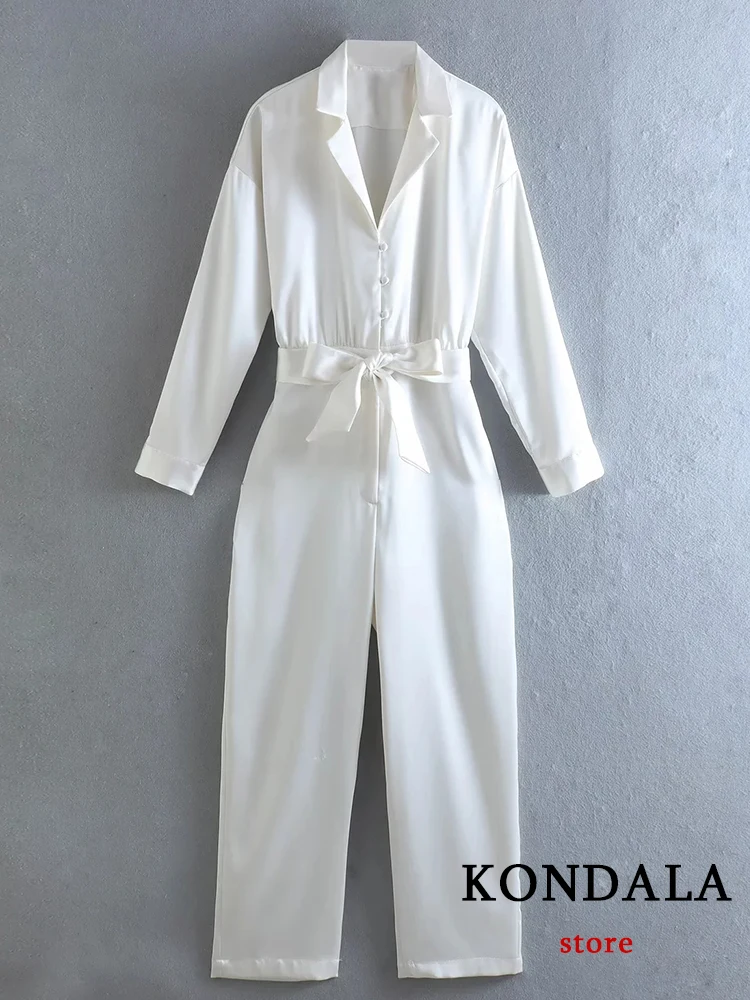 

KONDALA Vintage White Satin Long Pants Jumpsuits Women V Neck Long Sleeve Sashes Loose Bodysuits Fashion 2022 Elegant Romper