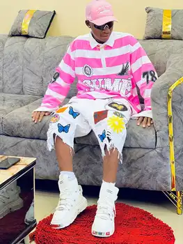 Polo da Uomo Rosa a Righe Casual a Maniche Lunghe con Colletto e Design Numerico sul Polsino, Decorazioni con Paillettes Colorate, Vestibilità Comoda