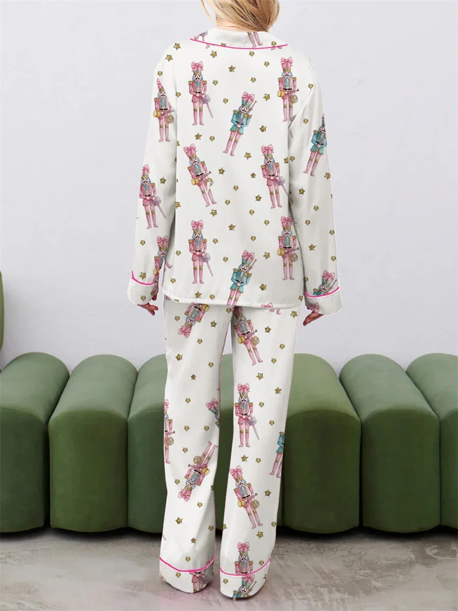 Women Christmas Pajama Set Cute Nutcracker Print Long Sleeve Button Down Shirt Pants Satin Silk PJ Set 2 Piece Jammies