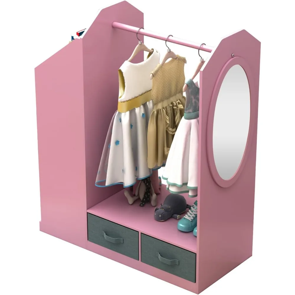 

Open Hanging Armoire Closet with 4 Non-Woven Drawers, Portable Closets with Mirror Storage Closet for Costume Storage