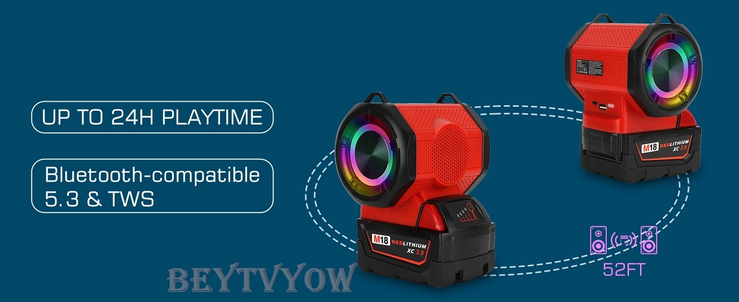 Bluetooth Speaker Compatible with Milwaukee M18 18v Battery With USB Type-C Port