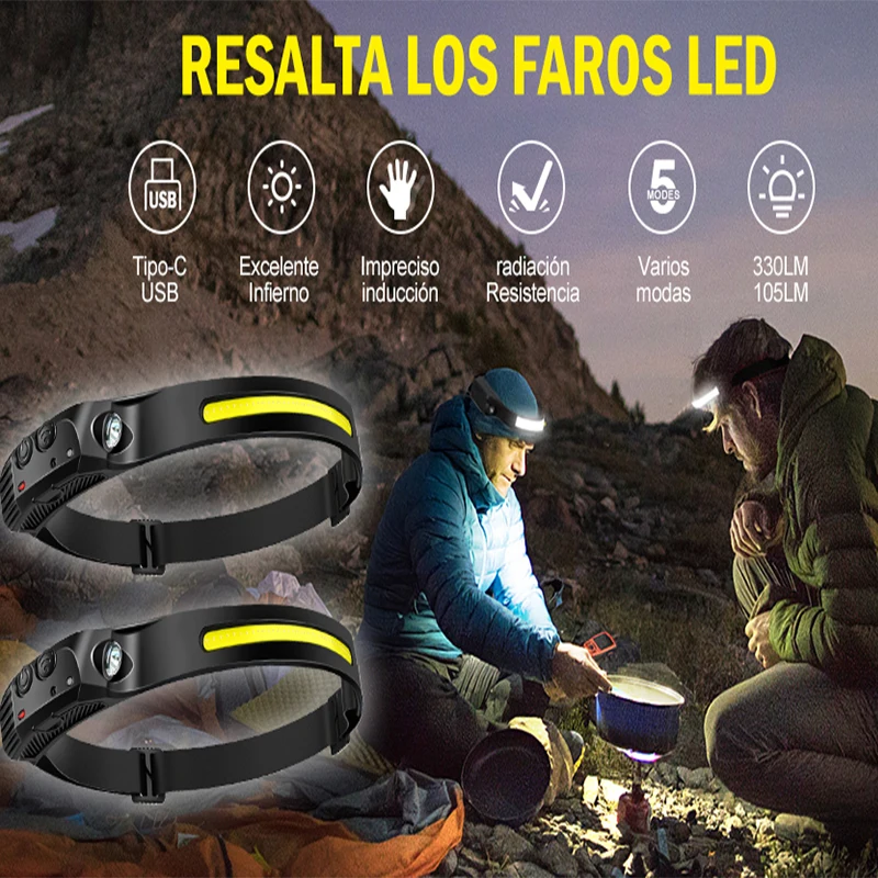 Lampe Frontale à LED Capteur Rechargeable 2 COB Led 1XPE 5 Mode d