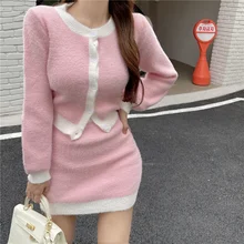 

2022 Spring New Small Fragrance Knitted 2 Piece Set Women Sweater Cardigan Crop Top + Bodycon Skirt Suits Sweet Two Piece Sets