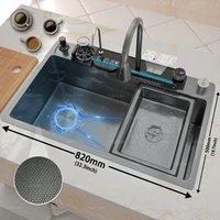 Embossed Stainless Steel Waterfall Kitchen Sink With Digital Display Washbasin Multifunctional large single slot Left Side Drain 1