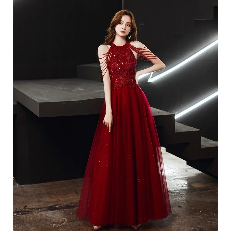 Confidencial Pero daño Vestidos de Noche de color rojo vino, sin mangas, con borlas, cuentas,  apliques de encaje, línea A, hasta el suelo, vestidos formales de fiesta de  celebridades - AliExpress