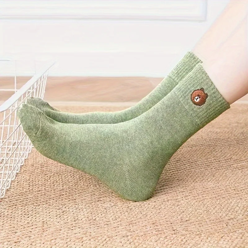 10pcs/5 Pairs  Comfortable Bear PatternWoman Mid Calf Socks - Soft and Warm Socks, Mid Socks, Sports Socks, Machine Washable