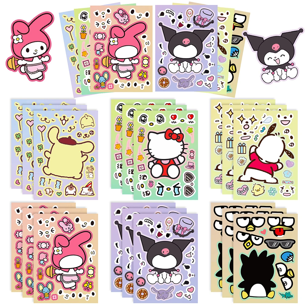 6/12Sheets Cute Cartoon Sanrio Children Puzzle Sticker Anime Hello Kitty Kuromi Make-a-Face Assemble Jigsaw Kids Decals Book Toy