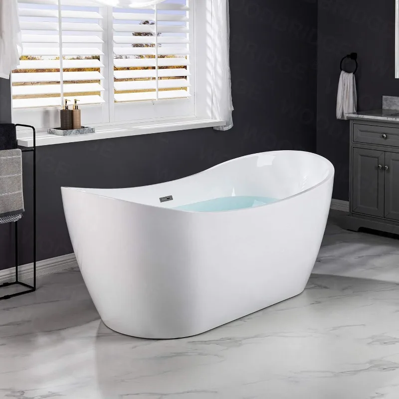 71" Acrylic Freestanding Bathtub Contemporary Soaking Tub White Acrylic (Brushed Nickel Drain/Overflow) with Pillow