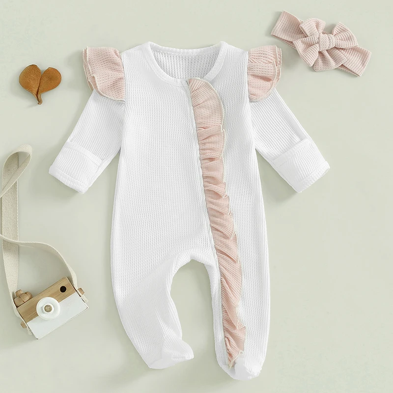 Baby Girl Fall Outfit Long Sleeve Zipped Footies Romper Jumpsuit and Headband Toddler Winter Clothes