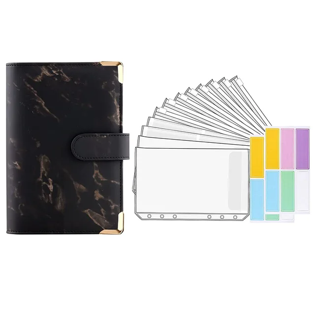 15 Pieces Binder Budget Planner Cash Envelope Binder with Budget Envelopes A6 Binder Pockets Cash Envelope Wallet for Budgeting Marble black-14pcs