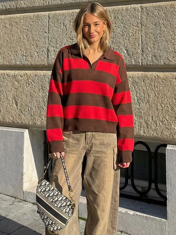 HH Women Fashion Striped Knitted Polo Shirts Vintage Long Sleeve Pullover Sweater 2026 Spring Female Trend Streetwear Tops