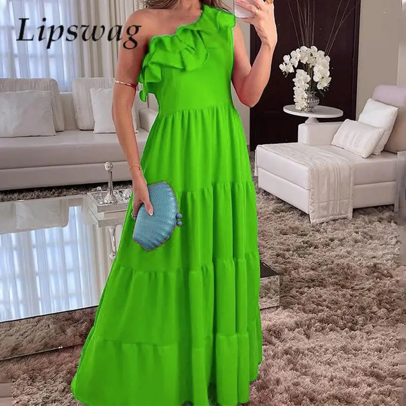 

Fashion One Shoulder Skew Collar Party Dress Sexy Ruffle Patchwork Pleat Loose Hem Beach Dress 2024 Casual Women Boho Long Dress