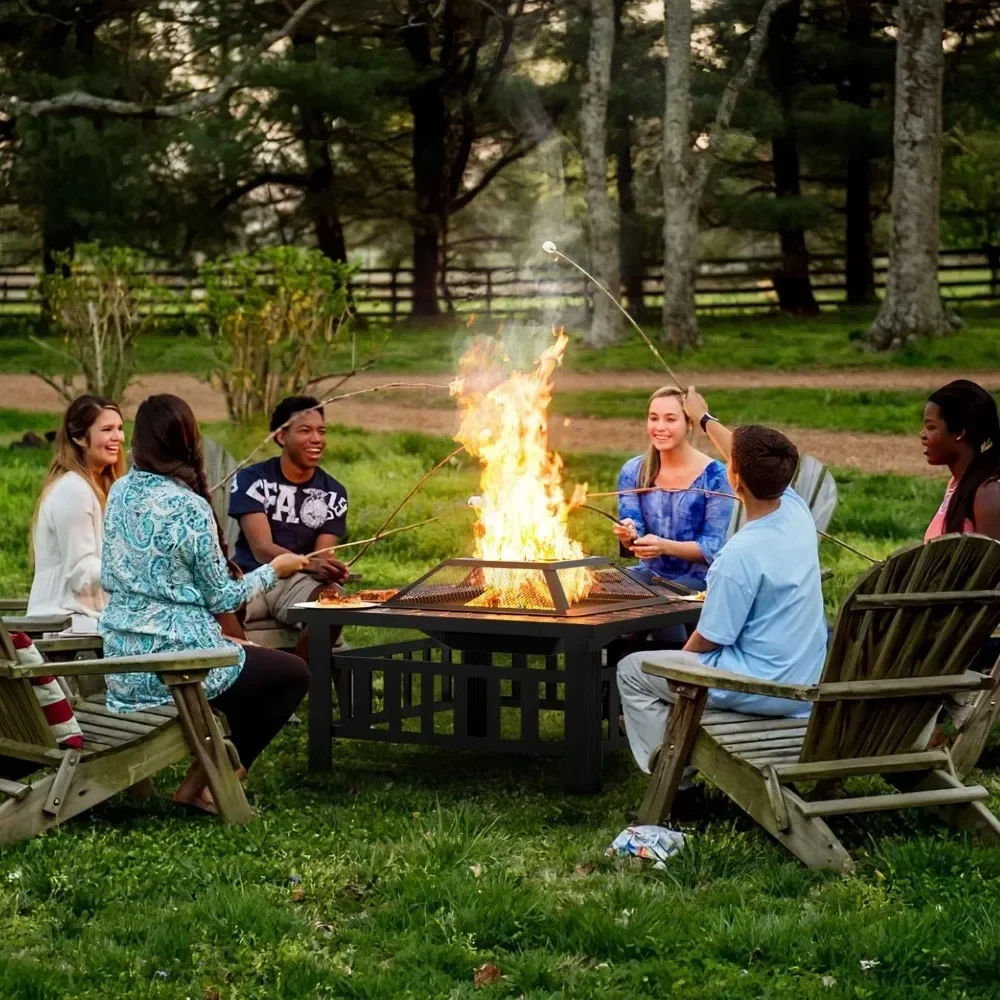 32in Fire Pit Table,Square Metal BBQ Firepit Stove Backyard Garden Fireplace with Spark Screen Lid and Rain Cover for Camping
