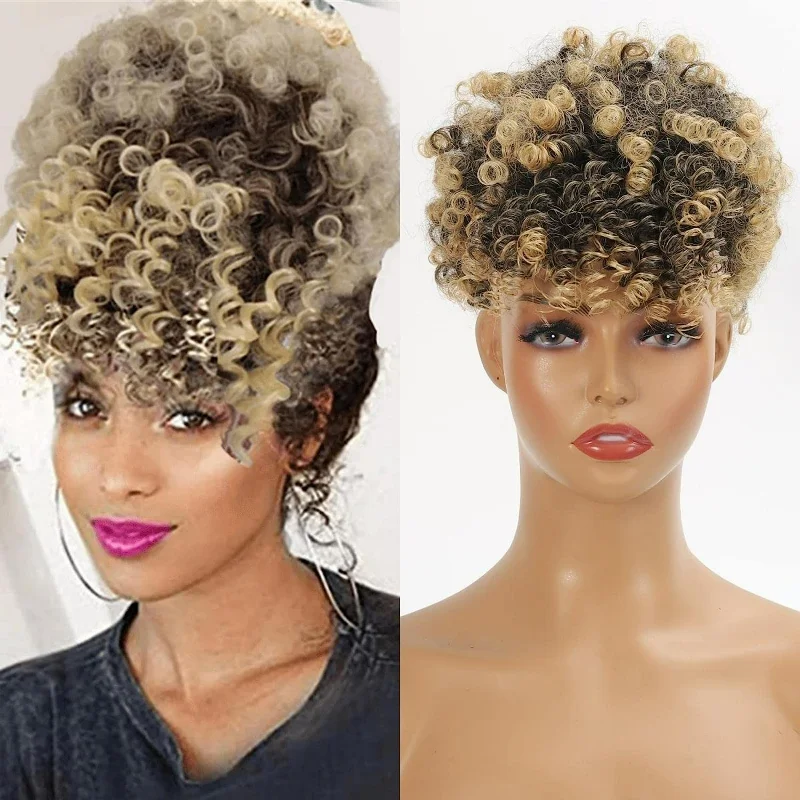 drawstring ponytail African bubble hair extensions with curly bun clip bangs short ponytail hair extensions suitable for women