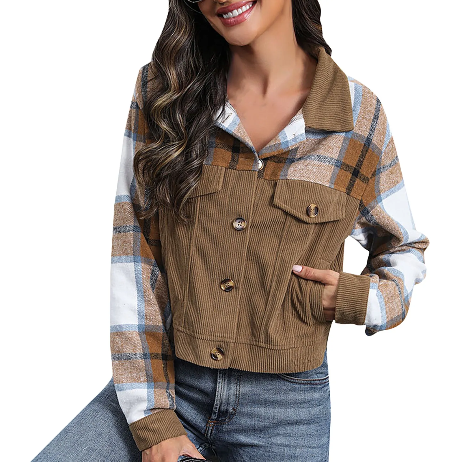 

2024 Women's Casual Vintage Lapel Long Sleeve Button Patching Plaid Cardigan Comfortable High-Quality New Outerwear Natural