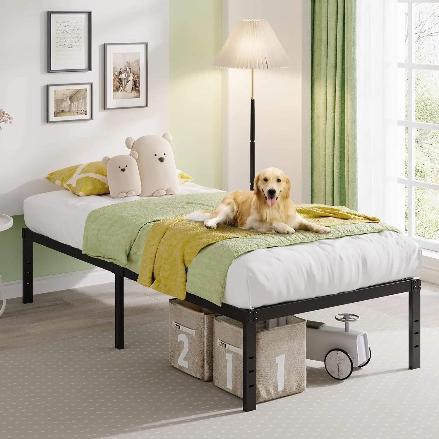 18 inch double bed frame without springs, heavy-duty high metal double bed frame, noise free, easy to assemble, black 2