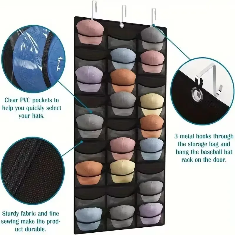 27 Pockets Hat Rack for Baseball Caps Over The Door Cap Organizer Hat Holder With Large Clear Pockets &3 Hooks Hat Storage 2