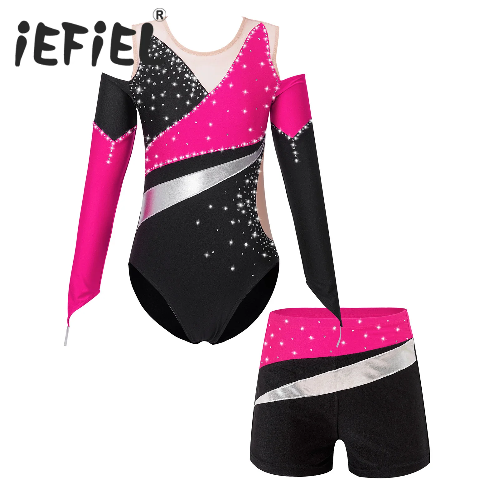 Kids Girls Ballet Dance Sets Sports Gymnastics Workout Dancewear Rhinestone Leotards with Shorts Figure Skating Dance Costume ballet leotard,dance leotard,girls dance costumes