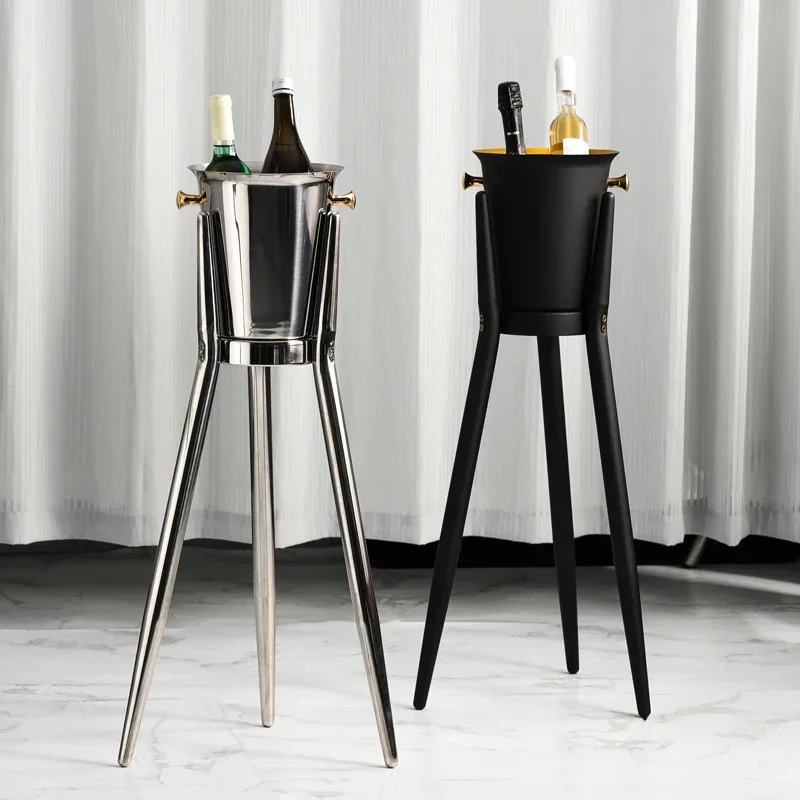 Stainless Steel Chilled Beverage Bucket Set, Floor Stand Three-Legged Champagne Cooler, Bar Club Drink Chilling Ice Holder
