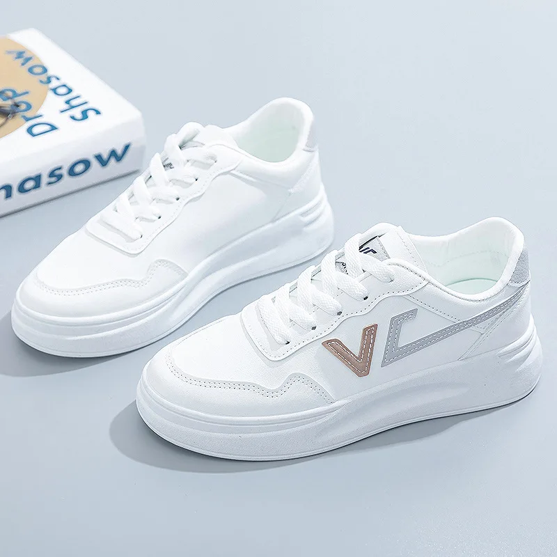 Fashion Women's Vulcanize Shoes New in Casual Classic Solid Color PU Leather Walking Trainers Woman Casual White Sneakers