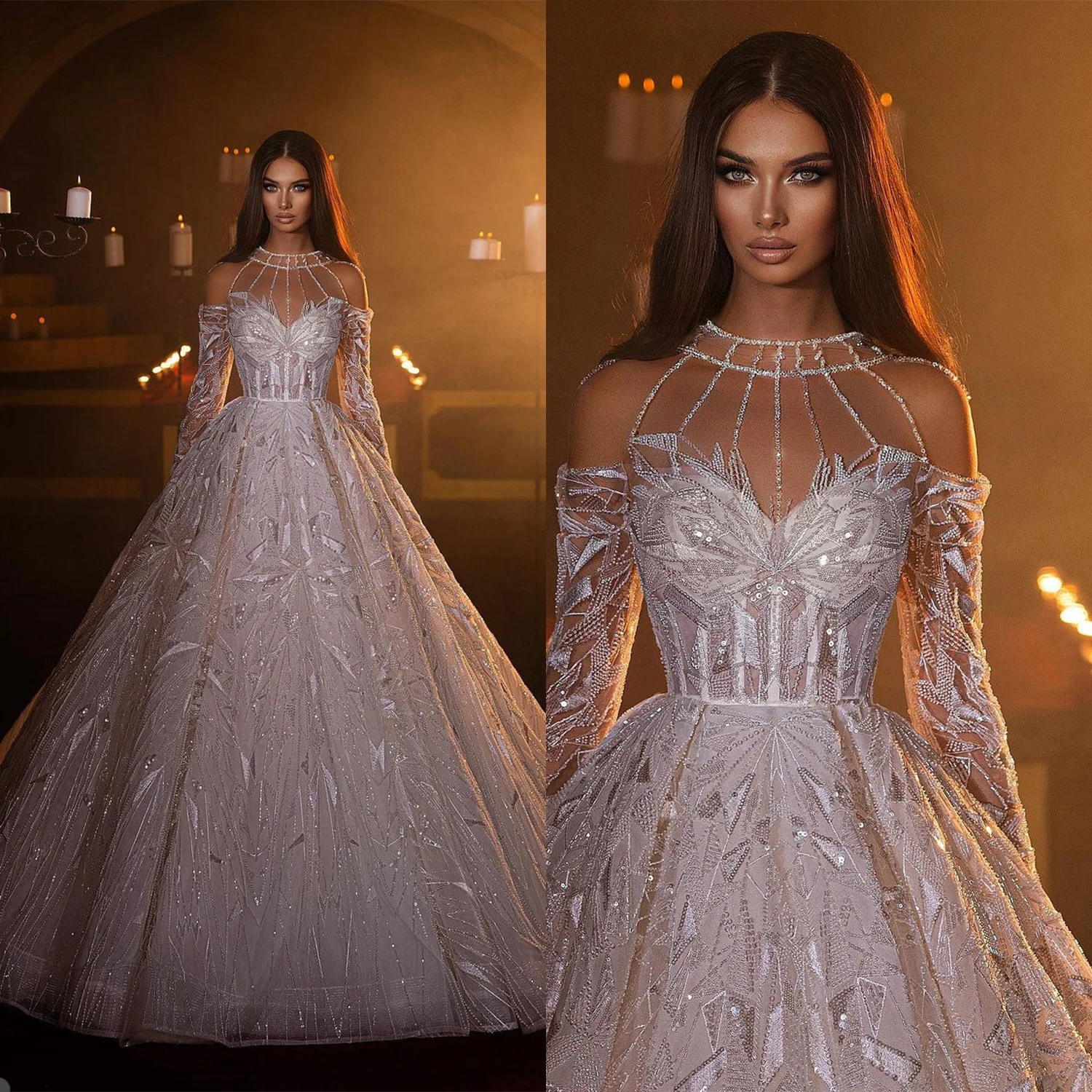 Gorgeous A Line Wedding Dresses Sweetheart Sequined Lace Applique Beading  Bridal Gown Sweep Train Vestidos De Novia Custom Size