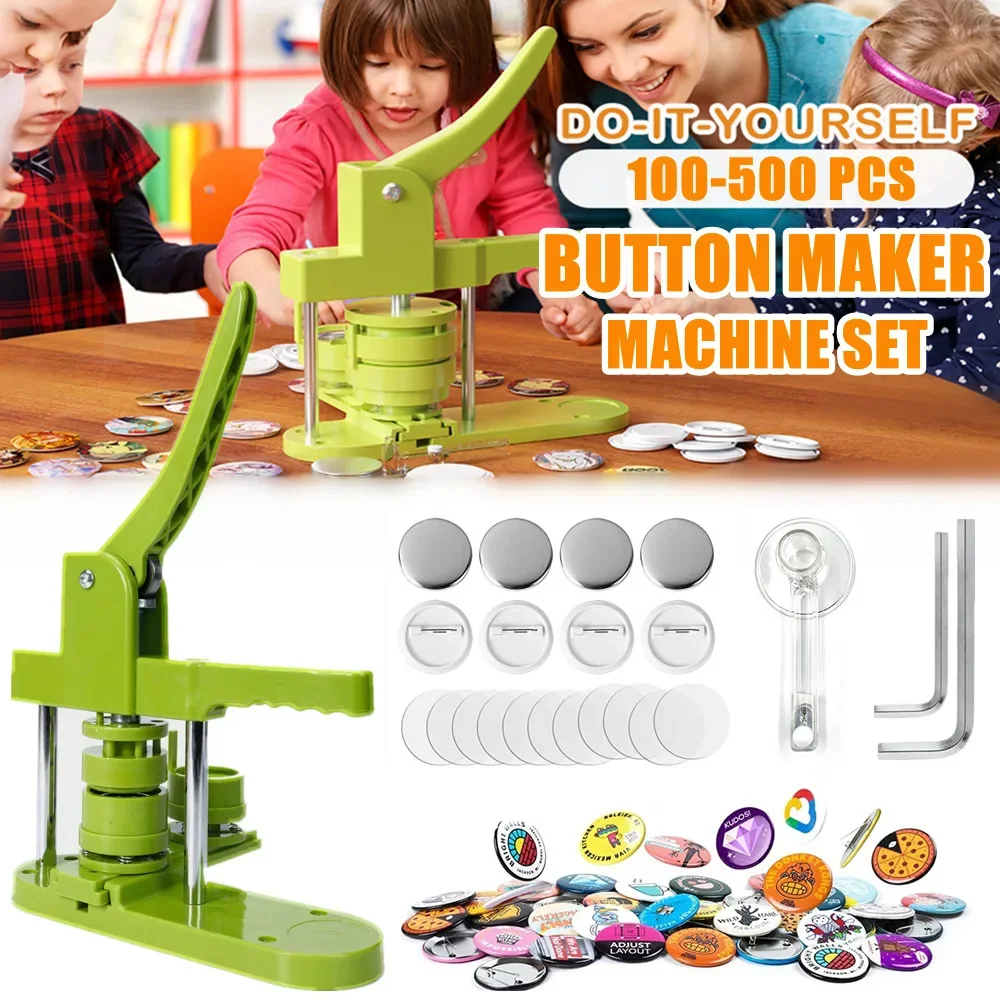 Button Maker Machine 25-58MM Badges Button Maker Machine Kit DIY Pin Badges Punching Press with 100-500Pcs Parts + Circle Cutter
