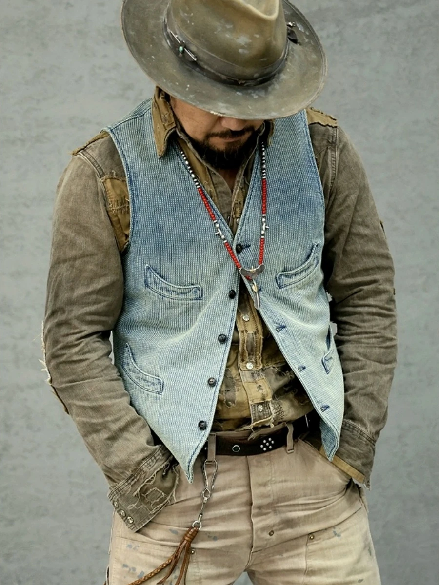 Men's Washed Blue Sashiko Vest V-neck 4-Pockets Elegant Style Vintage Waistcoat 4