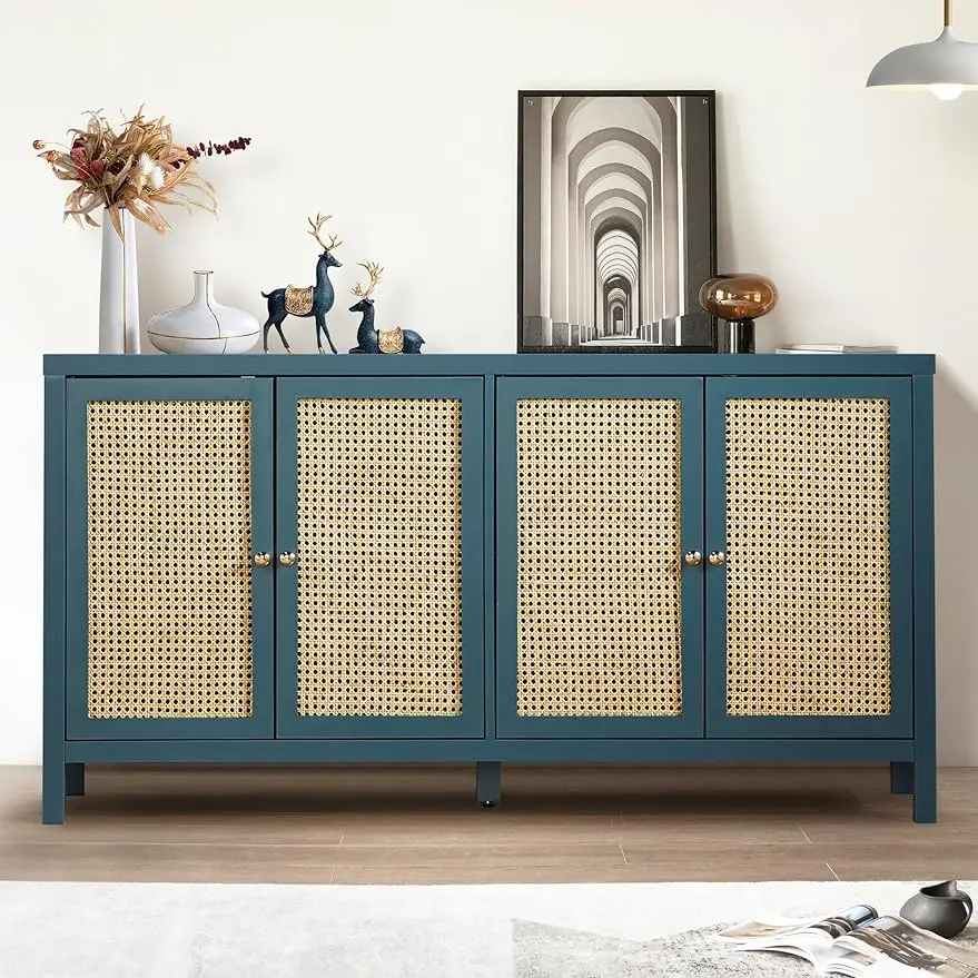 

Sideboard Buffet Storage Cabinet,Rattan Accent Cabinet Console Table w/4 Doors & Adjustable Shelves for Living Room,Blue/Black
