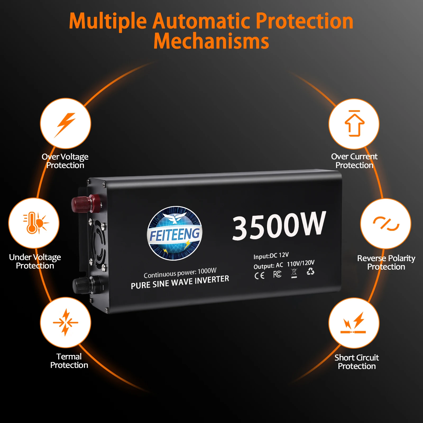 순수 사인파 인버터 1500W-3500W DC-AC 12V-110V/120V 차량용 파워 인버터 휴대용 전력 변환기 차량용 변압기