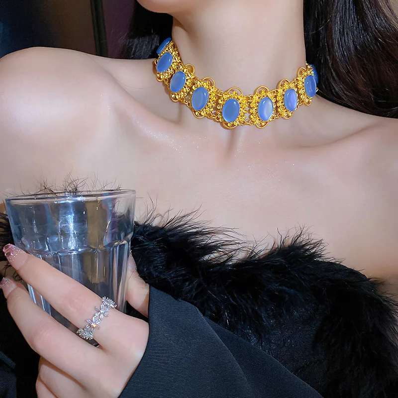 2023 New Vintage Palace Jewelry Blue Rhinestone Resin Stone Choker Necklace Drop Earrings Geometric Round Necklaces Earrings 6