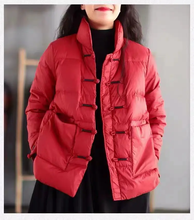 Chinese retro women down cotton jacket Vintage Single-breasted Quilted Coat stand collar Lightweight Parka Windproof outwear