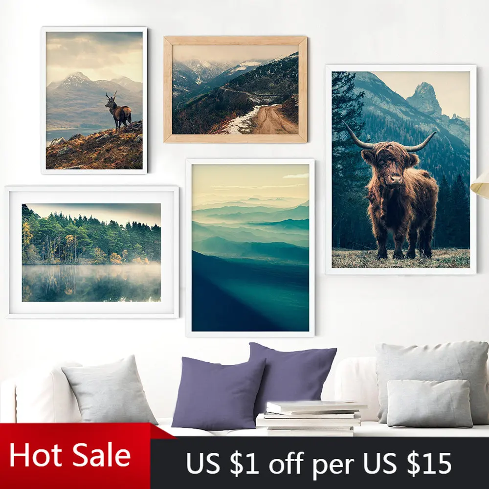 Highland Cow Landscape Wall Art Green Mountain Canvas Painting Lake Poster E Stampe Deer Forest Pictures For Living Room