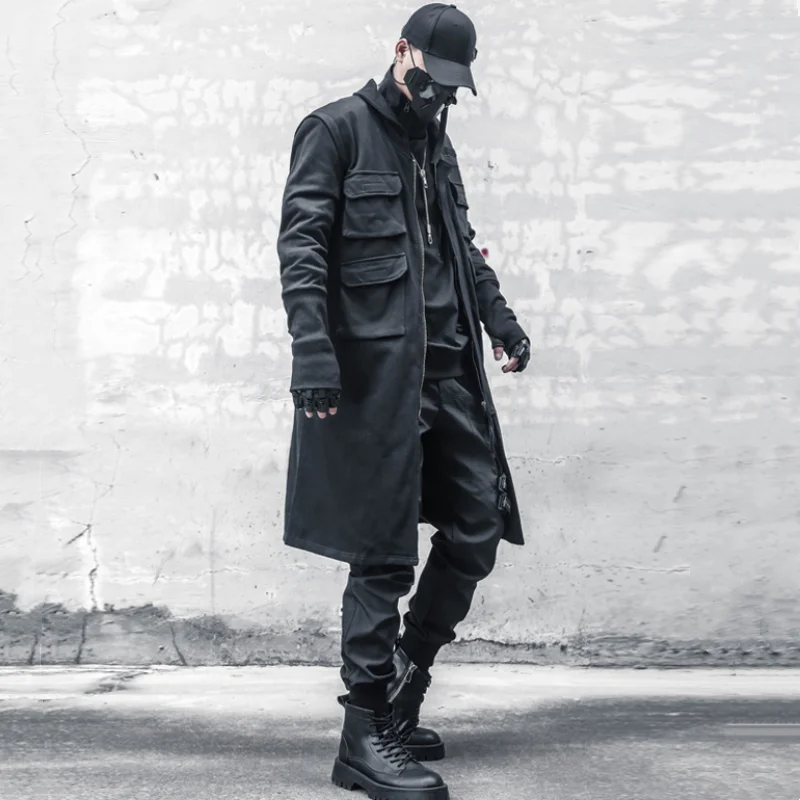 Techwear Style Multi-pocket Patchwork Design Mid-length Trench Coat Mens Clothing Y2K High Street Tactical Function Jackets