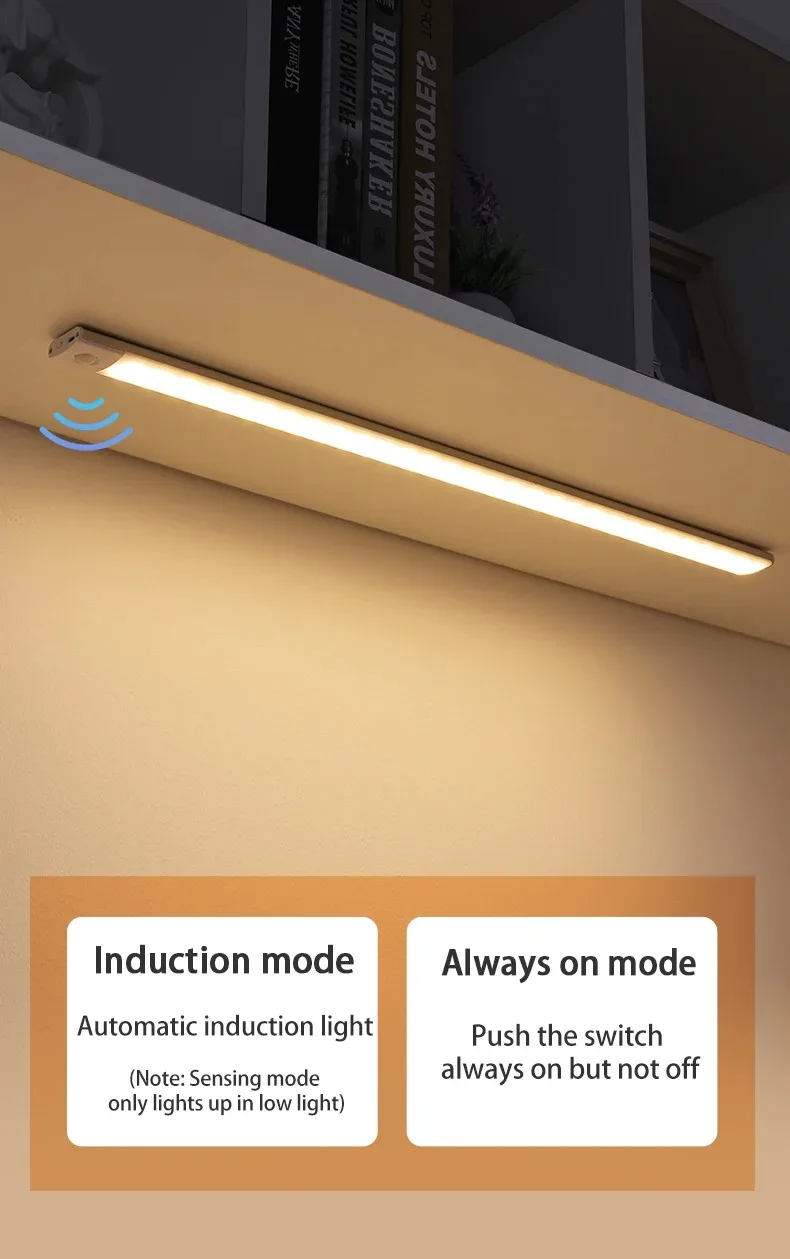 Description Picture 3 of item3 Colors in One Lamp Motion Sensor Light Wireless LED Night Light USB Rechargeable Aluminium Night Lamp Cabinet Wardrobe Lamp