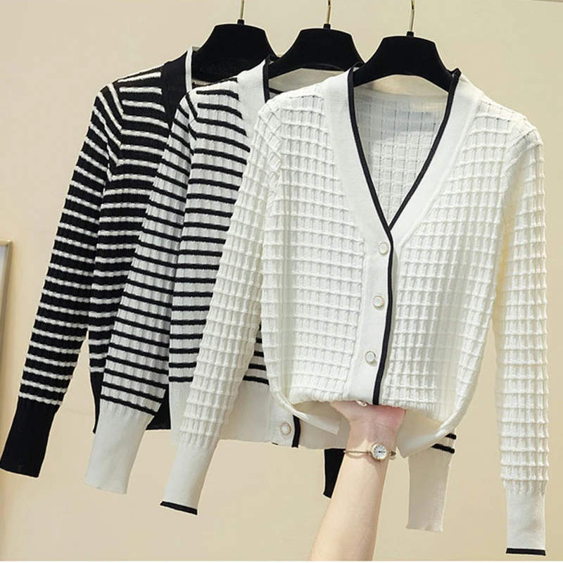 

Korean Fashion V-Neck Striped Knitted Sweater Cardigan Women Spring Fall Loose Single Breasted Knitwear Long Sleeve Knit Jacket