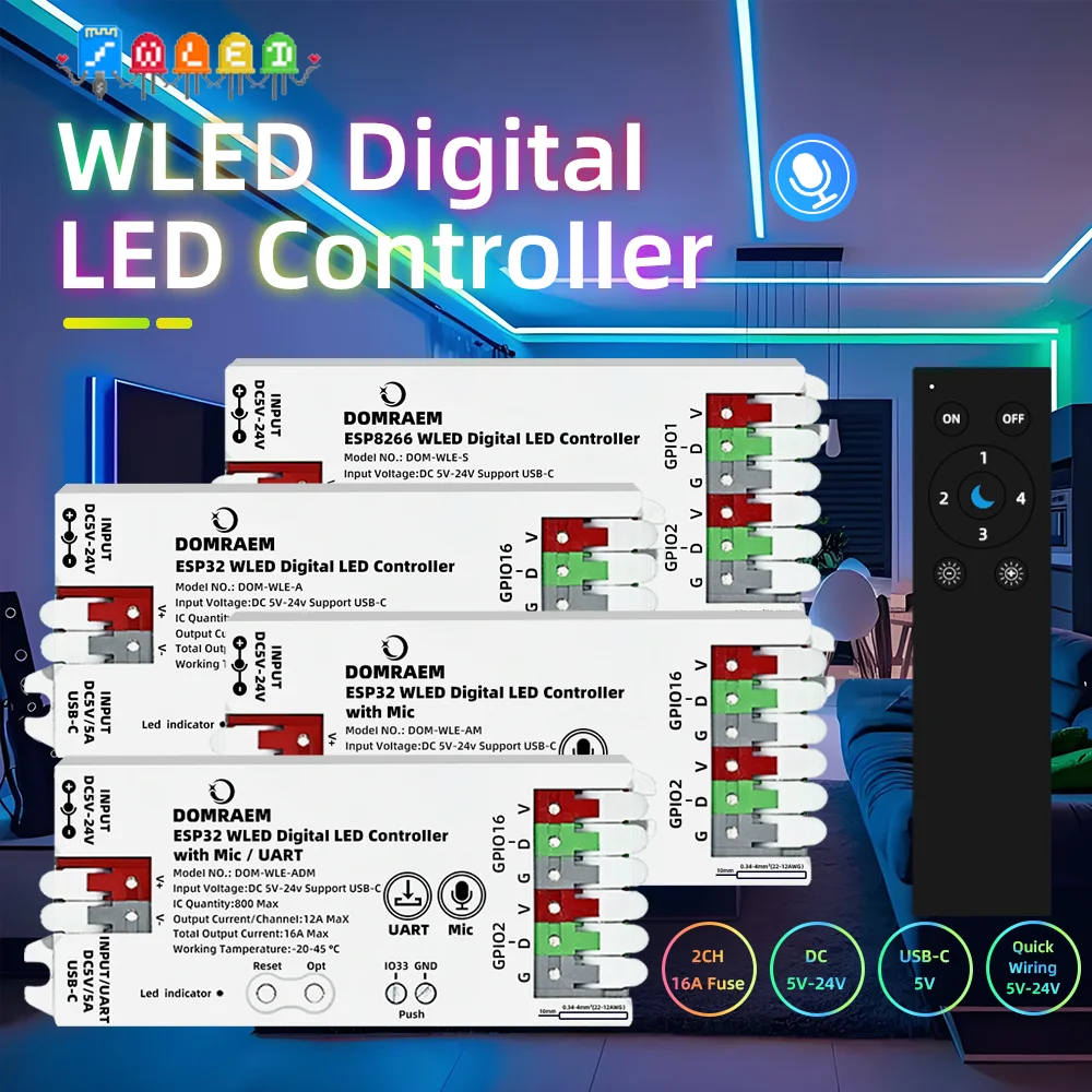 DOMRAEM DIY ESP32 WLED Addressable LED controller(USB-C)WS2814/WS2812B ...