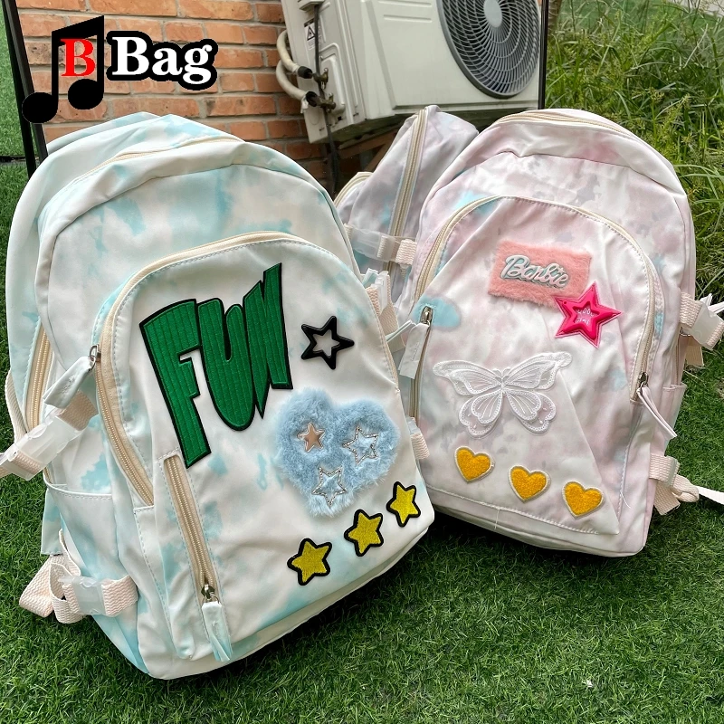 

Two color schoolbag woman student backpack girl tie dye fashion letters collage large capacity commuting to school versatile