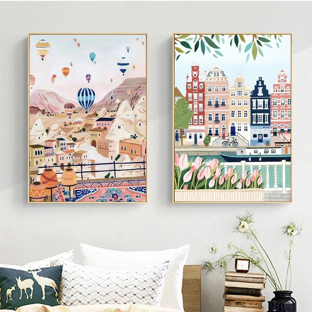 

Abstract Famous City Landscape Canvas Painting Cartoon Watercolor Village Mountain Poster And Prints Wall Art For Home Decor
