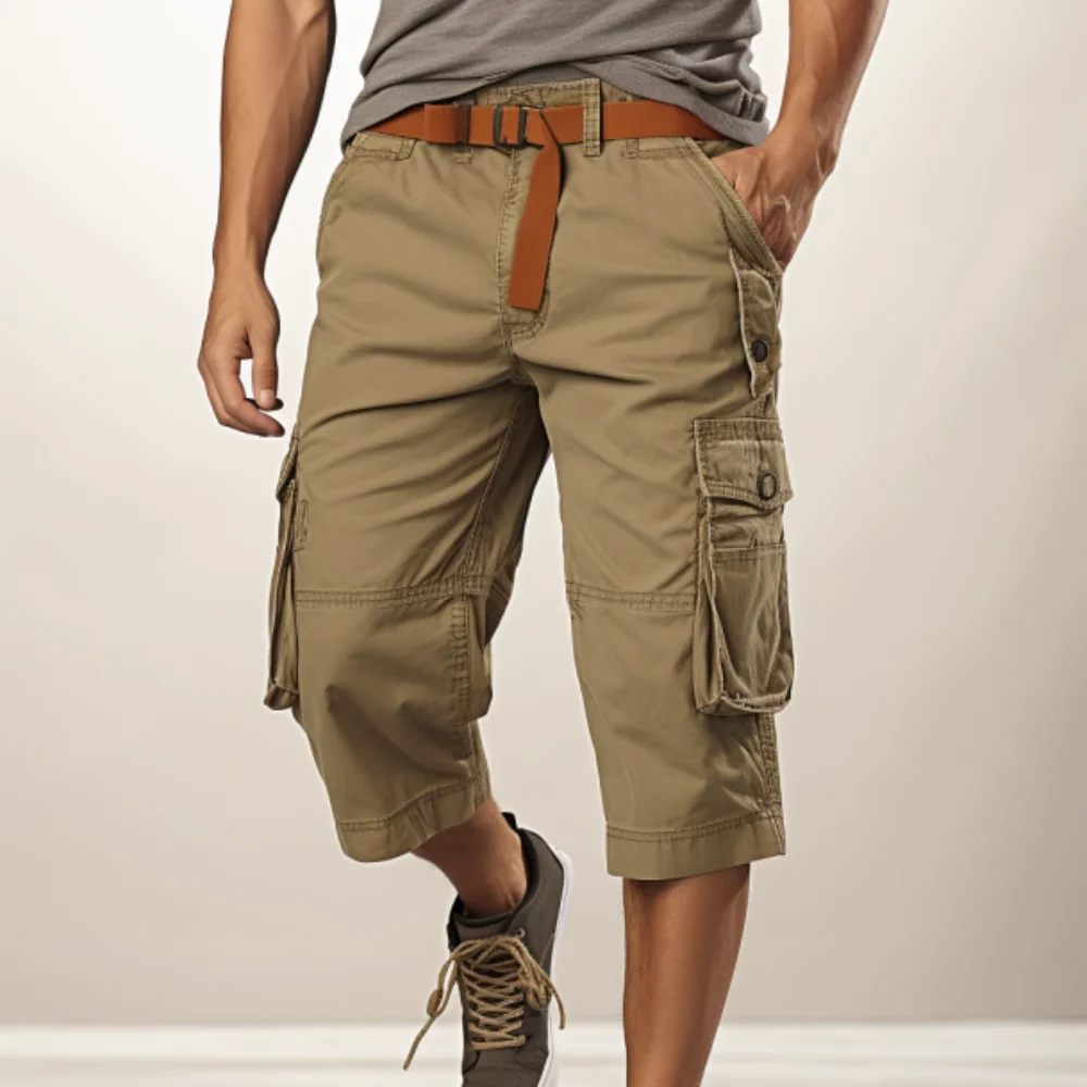 Plus Size Casual Cargo Shorts Brown Zipper Pockets Belt Relaxed