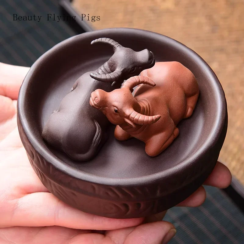 1 set of cute animal ornaments purple clay cow fish tea pet, tea tray coffee table exquisite decoration Kung Fu tea set